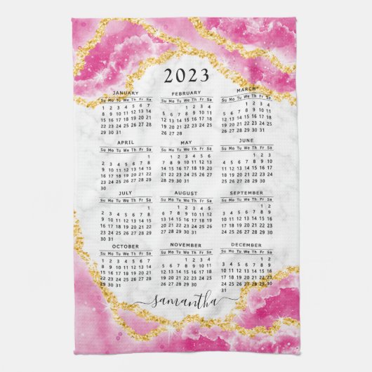 Monogrammed 2023 Calendar Girly Elegant Pink White Theedoek (Verticaal)