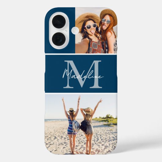 Monogrammed 2 Photo Collage Blue Case-Mate iPhone Case (Achterkant)