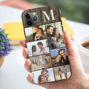 Monogrammed 7 Foto Collage op Donker hout iPhone 11 Pro Max Hoesje