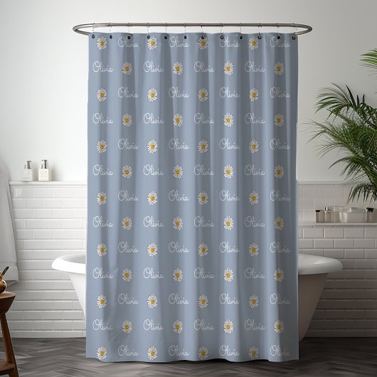 Monogrammed Aangepaste Naam Wit Daisy Bloemen Patr Douchegordijn
