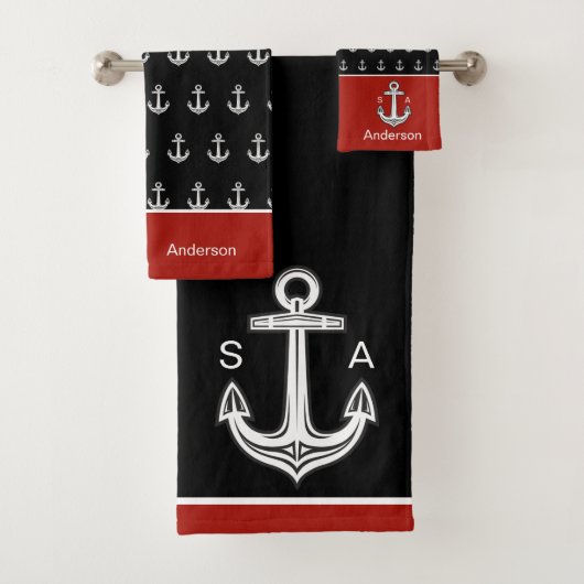 Monogrammed Anker Nautical Zwart, Wit, Rood Bad Handdoek (Insitu)