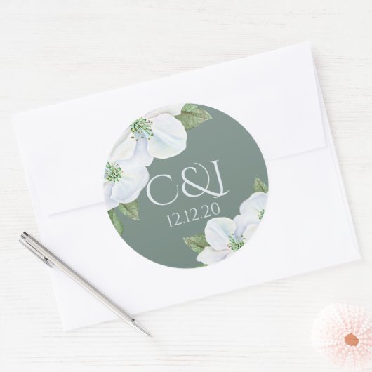 Monogrammed Apple Blossom Wedding Ronde Sticker (Envelop)