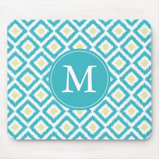 Monogrammed Aqua and Yellow Ikat Pattern Muismat (Voorkant)