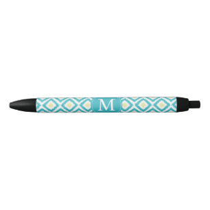 Monogrammed Aqua and Yellow Ikat Pattern Zwarte Inkt Pen