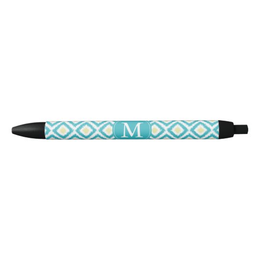 Monogrammed Aqua and Yellow Ikat Pattern Zwarte Inkt Pen (Voorkant)