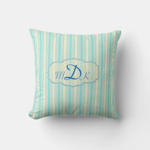 Monogrammed Aqua and Yellow Striped Sierkussen