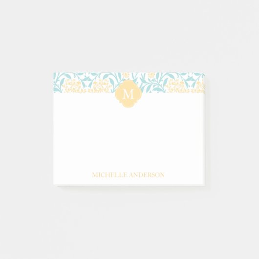 Monogrammed Aqua en Yellow Floral Damask Post-it® Notes (Voorkant)
