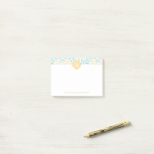 Monogrammed Aqua en Yellow Floral Damask Post-it® Notes (Op bureau)