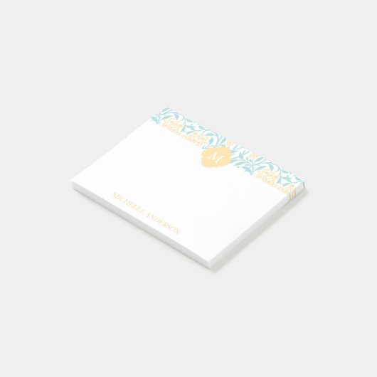 Monogrammed Aqua en Yellow Floral Damask Post-it® Notes (Schuin)