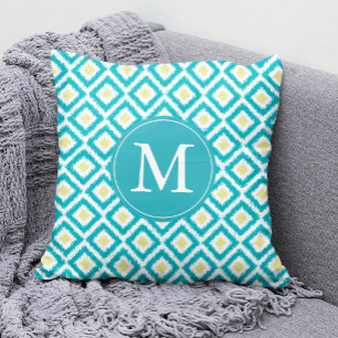 Monogrammed Aqua Lemon Diamonds Ikat Pattern Kussen