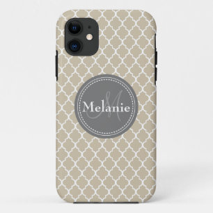 Monogrammed Beige White Moroccan Lattice Pattern iPhone 11 Hoesje