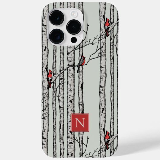 Monogrammed berkenbomen en rode kardinaalvogels Case-Mate iPhone case (Achterkant)