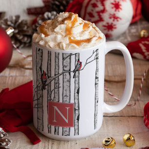 Monogrammed berkenbomen en rode kardinaalvogels mok