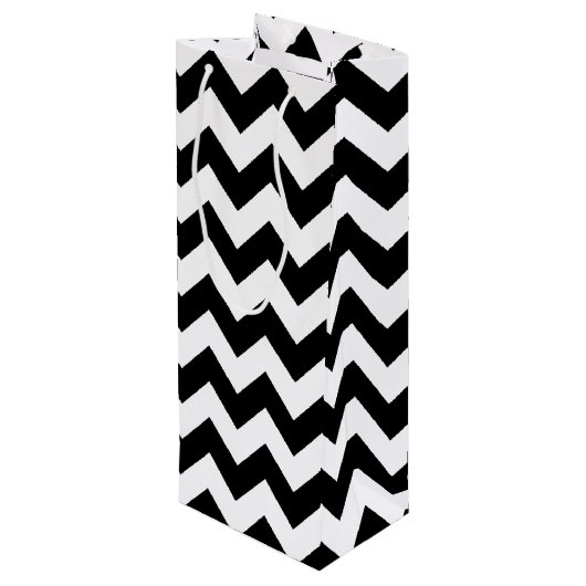 Monogrammed Black and White Zigzag Wijn Cadeautas (Achterkant Gekanteld)