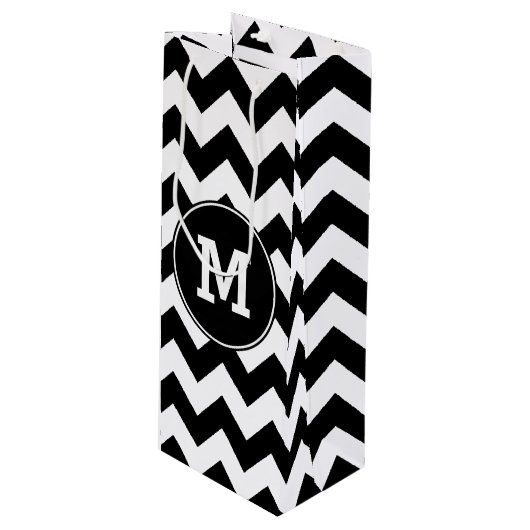Monogrammed Black and White Zigzag Wijn Cadeautas (Voorkant Gekanteld)