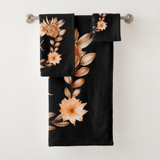 Monogrammed Black Brown and Peach Floral Bad Handdoek (Insitu)