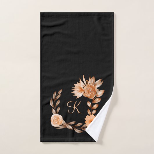 Monogrammed Black Brown and Peach Floral Bad Handdoek (Handdoek)