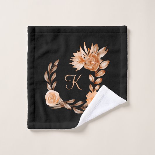 Monogrammed Black Brown and Peach Floral Bad Handdoek (Wasdoekje)