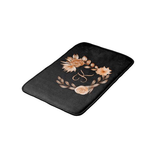Monogrammed Black Brown and Peach Floral Badmat (Gekanteld)