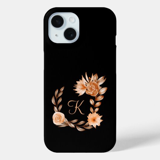 Monogrammed Black Brown and Peach Floral Case-Mate iPhone Case (Achterkant)
