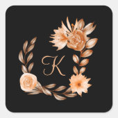 Monogrammed Black Brown and Peach Floral Vierkante Sticker (Voorkant)