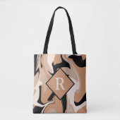 Monogrammed Black Brown Cream Marble Swirl Pattern Draagtas (Voorkant)