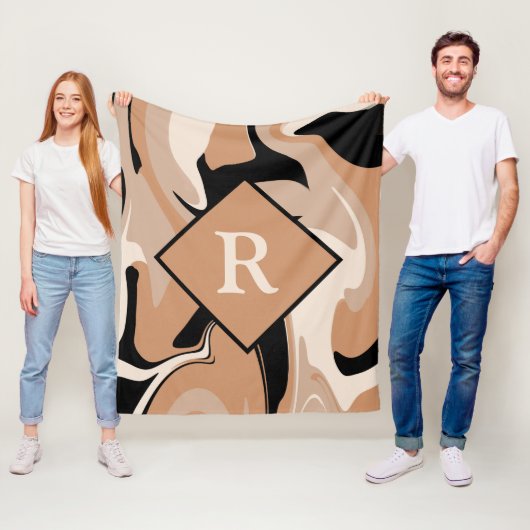 Monogrammed Black Brown Cream Marble Swirl Pattern Fleece Deken (In situ)