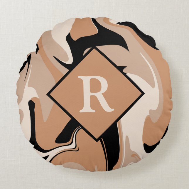 Monogrammed Black Brown Cream Marble Swirl Pattern Rond Kussen (Voorkant)