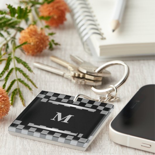 Monogrammed Black Checkered Sleutelhanger (Voorkant Rechts)