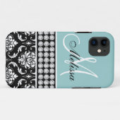 Monogrammed Black Damask Printed Diamonds Blue Case-Mate iPhone Case (Achterkant (horizontaal))