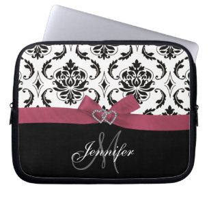 Monogrammed Black Damask roze Bow Diamond Hearts Laptop Sleeve