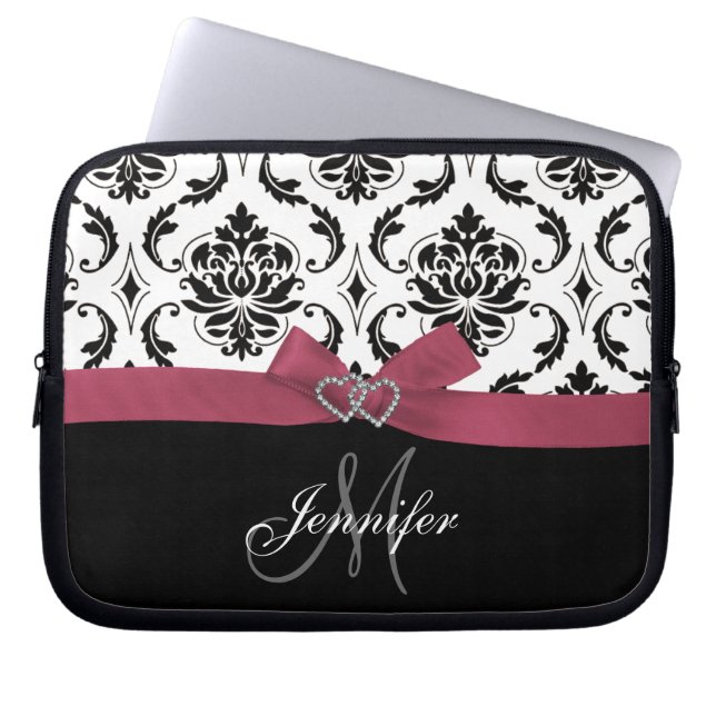 Monogrammed Black Damask roze Bow Diamond Hearts Laptop Sleeve (Voorkant)