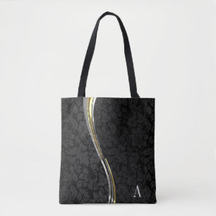 Monogrammed Black Damast Wave Stripes Tote Bag