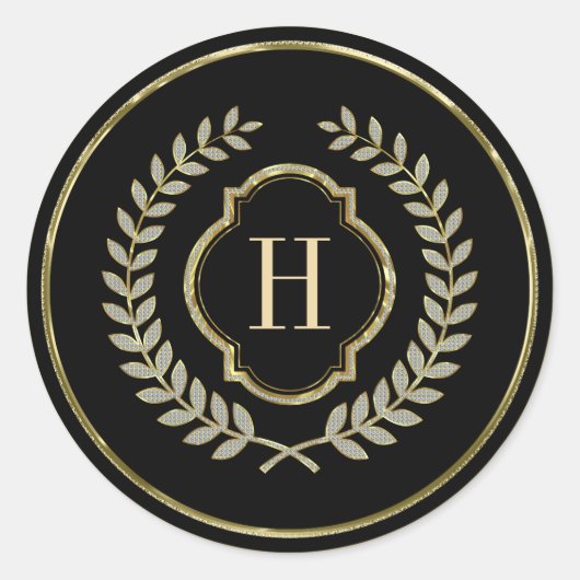 Monogrammed Black & Gold Glitter Wreath Crest Ronde Sticker (Voorkant)