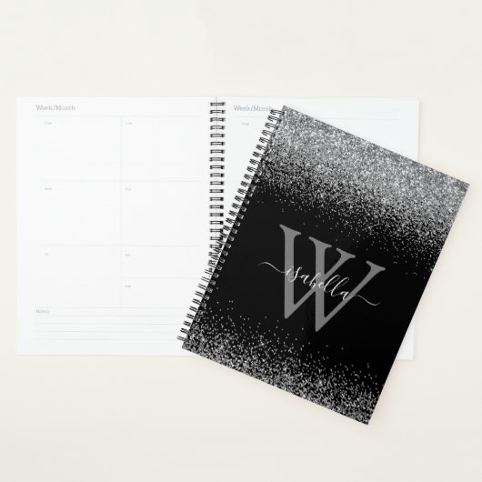 Monogrammed Black Sliver Glitter Script Planner (Display)