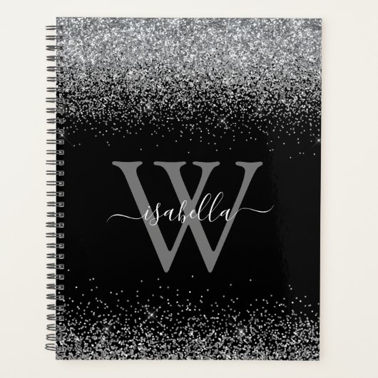 Monogrammed Black Sliver Glitter Script Planner (Voorkant)
