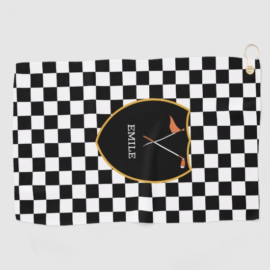 Monogrammed Black White Checks & golfclub & vlag Golfhanddoek (Horizontaal)