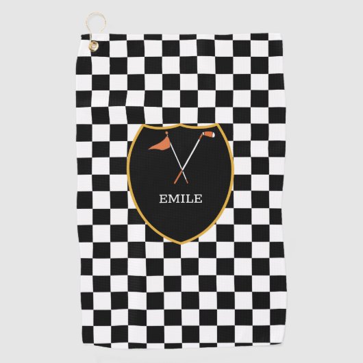 Monogrammed Black White Checks & golfclub & vlag Golfhanddoek (Voorkant)