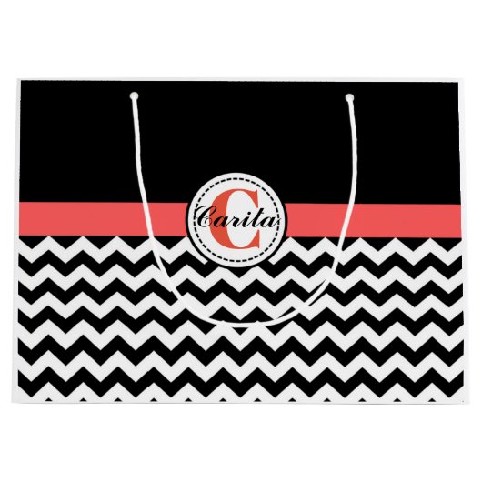 Monogrammed Black/White Chevron Gift Bag Groot Cadeauzakje (Voorkant)