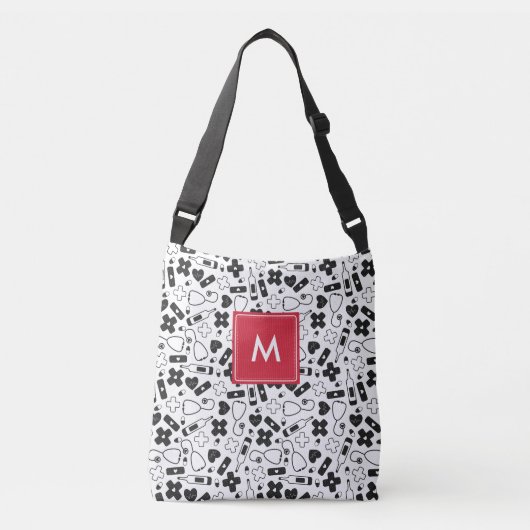 Monogrammed Black White Medical Pattern Neurse Crossbody Tas (Voorkant)
