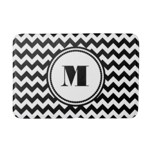 Monogrammed Black White Striped Chevron Pattern Badmat