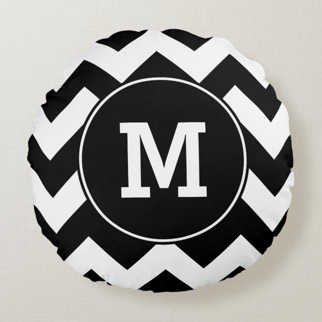 Monogrammed Black Zigzag Pattern Rond Kussen (Voorkant)
