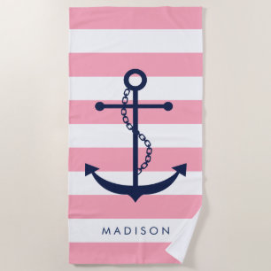 Monogrammed blauw anker op roze strepen strandlaken