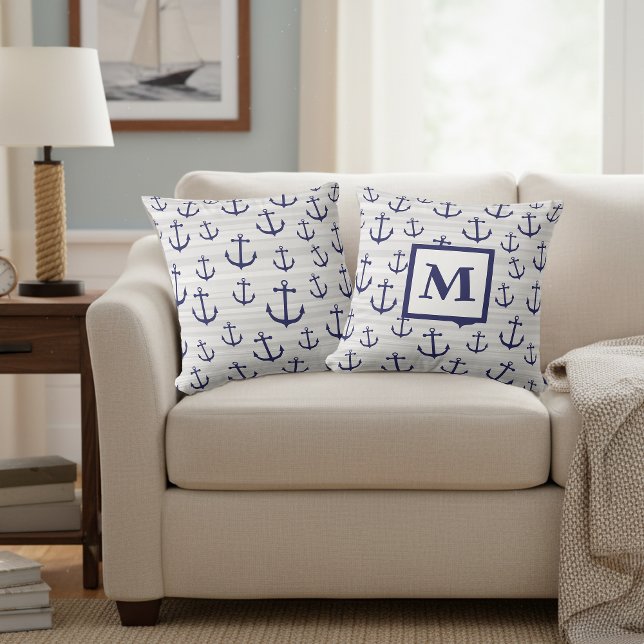 Monogrammed blauw nautisch ankerkussen kussen (Decorative anchor pillow with a monogram.)