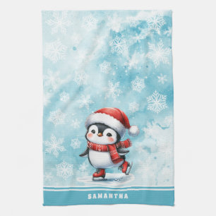 Monogrammed Blauwe Schaatspinguïn Kerstmis Theedoek