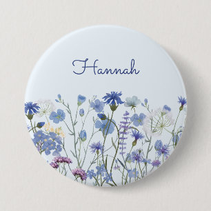 Monogrammed Blauwe Waterverf Wildflower tuin Ronde Button 7,6 Cm