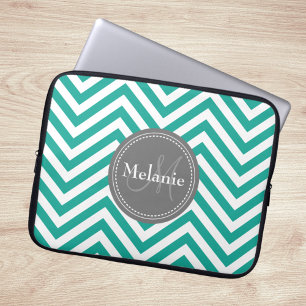 Monogrammed Blauwgroen blauw en grijs zigzag Laptop Sleeve