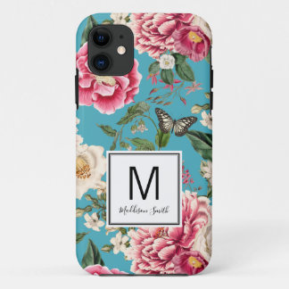 Monogrammed Blauwgroen blauw Floral Pattern iPhone 11 Hoesje