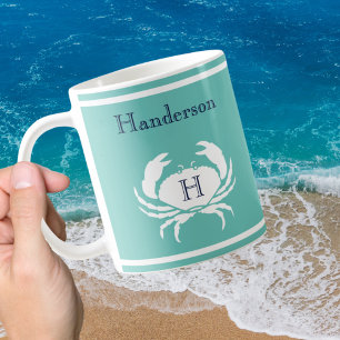 Monogrammed Blauwgroen marineblauw witte krab Koffiemok