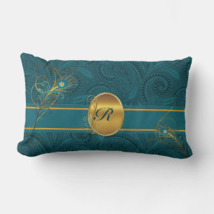 Monogrammed Blauwgroen Peacock met Gold 2-zijdig Kussen